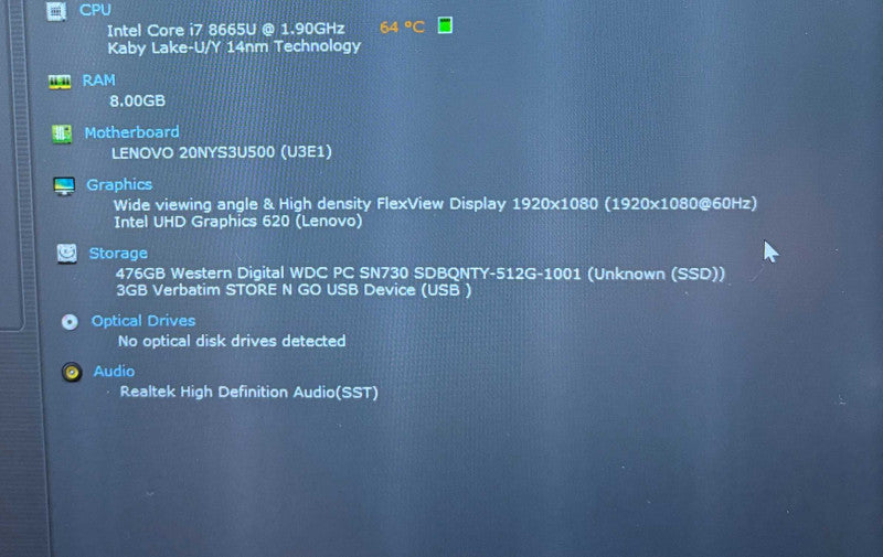 Lenovo ThinkPad T490s Intel Core i7-8665U@1.9GHz 8GB RAM 512GB SSD  Lap200