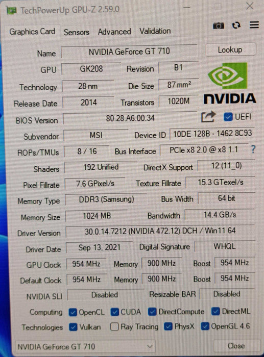 MSI NVidia GeForce GT 710 1GB VRAM Low Profile Graphics Card