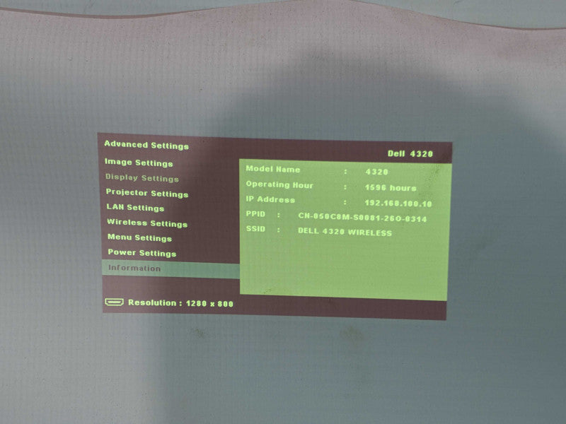 Dell 4320 WXGA DLP HDMI Projector, Lamp hour: 1596hrs