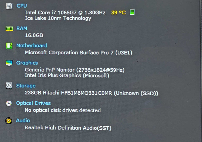 Microsoft Surface Pro 7 (1866), i7-1065G7 1.30GHz 4C, 16GB DDR4, 256GB SSD