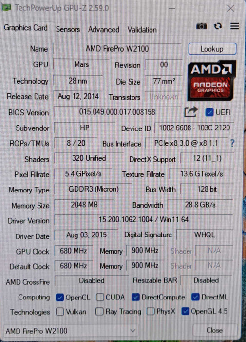 AMD FirePro W2100 2GB GDDR3 PCI-E Graphics Card | 2x DisplayPort