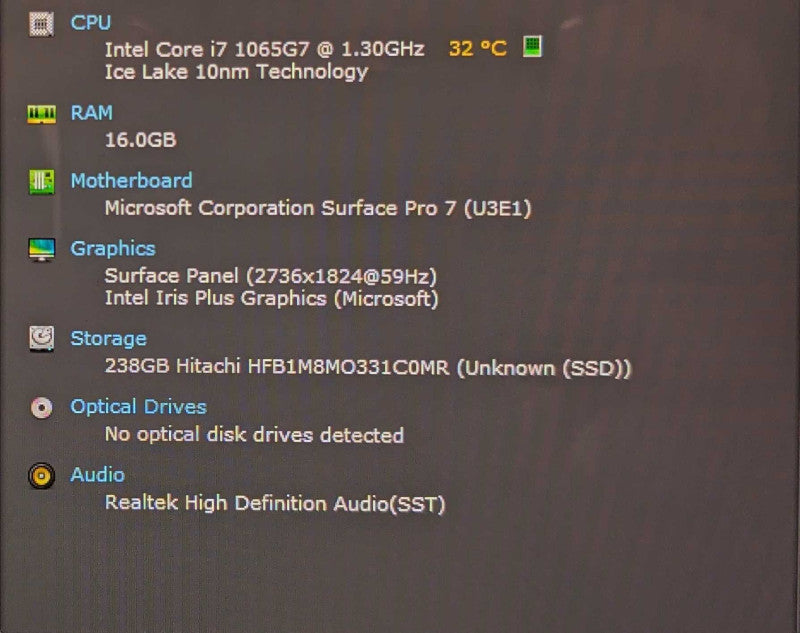 Microsoft Surface Pro 7 (1866), i7-1065G7 1.30GHz 4C, 16GB DDR4, 256GB SSD