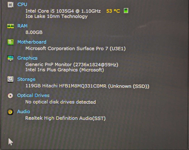 Microsoft Surface Pro 7 (1866), i5-1035G4 1.10GHz 4C, 8GB DDR4, 128GB SSD