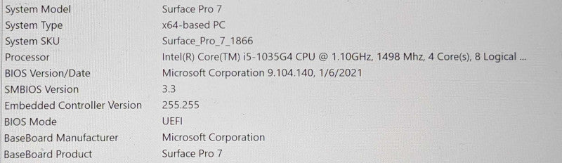 Microsoft Surface Pro 7 (1866), i5-1035G4 1.10GHz 4C, 8GB DDR4, 128GB SSD