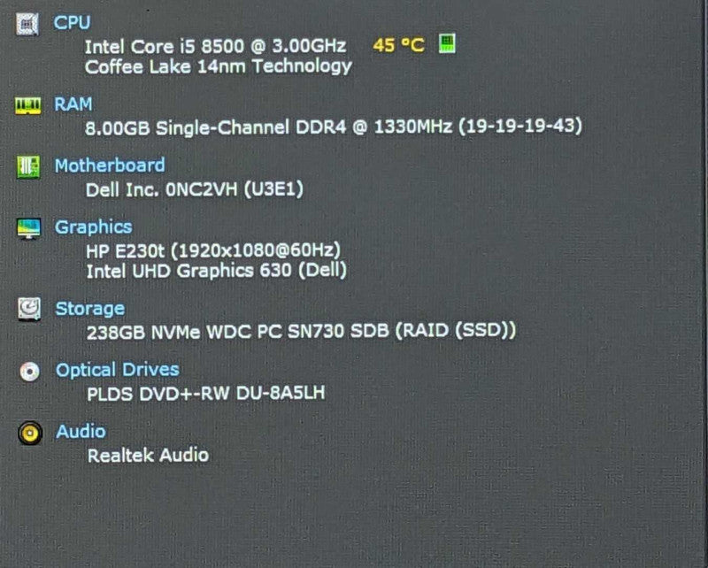 Dell OptiPlex 7060 SFF, i5-8500 3.00GHz 6C, 8GB DDR4, 256GB NVMe