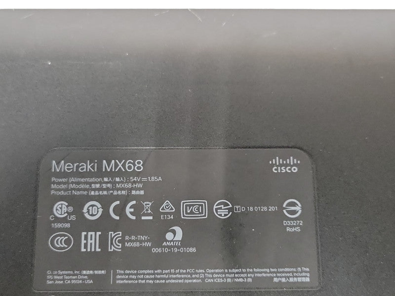 Cisco Meraki MX68-HW Cloud Managed Firewall VPN, unclaimed, No Power Adapter Q_