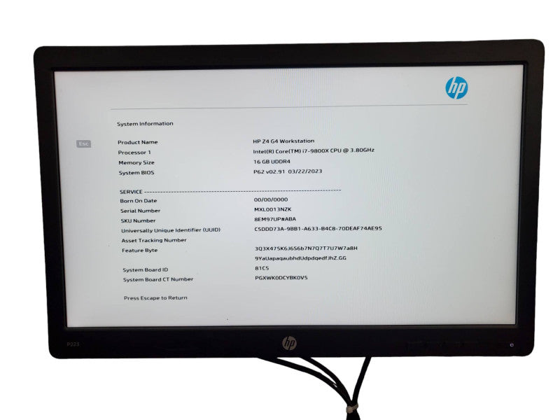 HP Z4 G4 Workstation i7-9800X 16GB DDR4 NO GPU NO HDD @