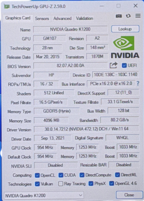 NVIDIA QUADRO K1200 4GB PCIE