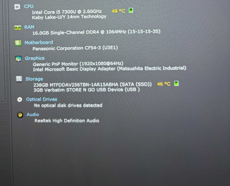 Panasonic ToughBook CF-54 TOUCH i5-7300U 16GB 256SSD No Caddy 6630Hrs. READ!
