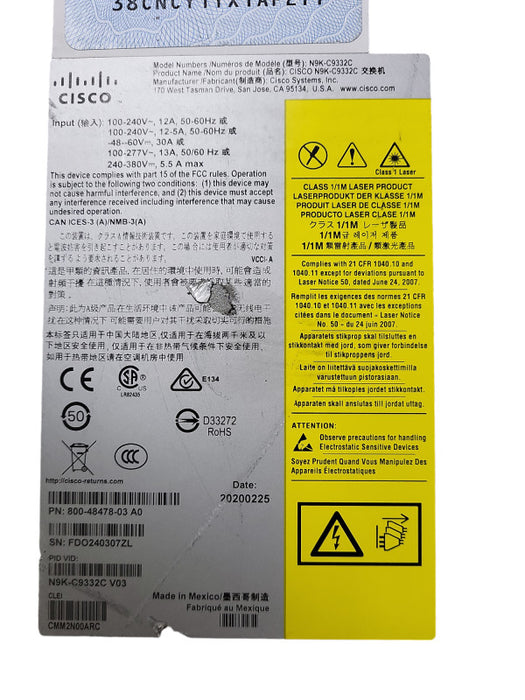 Cisco N9K-C9332C 32-Port Nexus 9300 40G/100G Switch, Dual AC $
