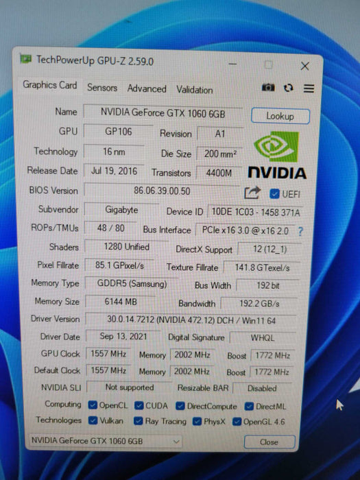 GIGABYTE NVIDIA GTX 1060 6GB PCIE %