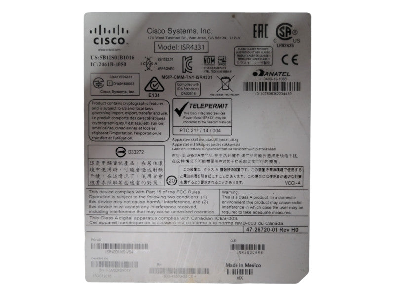 Cisco ISR4331/K9 Integrated Services Router, NO CLOCK ISSUE