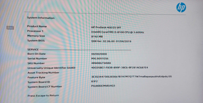 HP PRODESK 400 G5 | I3-8100 @ 3.6GHz| 8 GB RAM | 856 GB SSD |