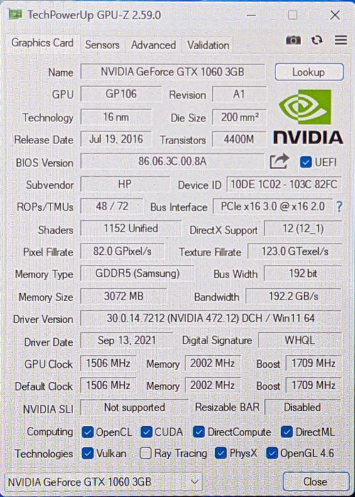 HP GeForce GTX 1060 3GB GDDR5 Graphics Card