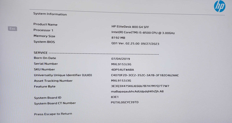 HP EliteDesk 800 G4 SFF Intel Core i5-8500 3.00GHz |8 GB RAM| 256GB SSD