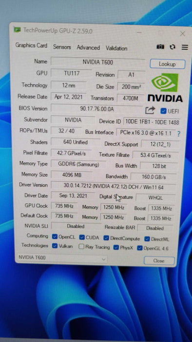 NVIDIA QUADRO T600 4GB PCIE %