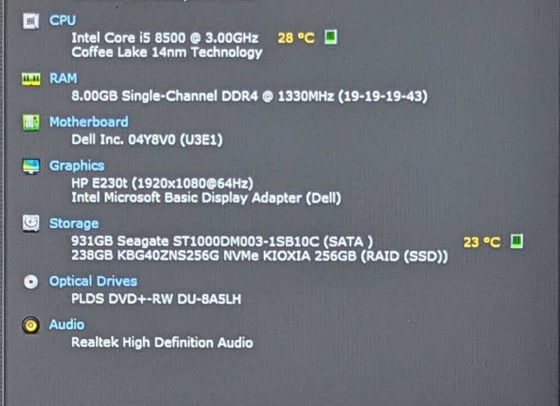 Dell OptiPlex 3060 SFF, i5-8500 3.00GHz 6Core, 8GB DDR4, 256GB Nvme, 1TB HDD