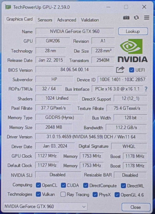 NVIDIA GeForce GTX 960 2GB PCIE