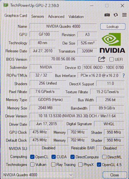 Nvidia Quadro 4000 2GB GDDR5 PCI-E Dual Display Port Video Graphics Card