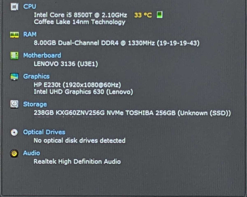 Lenovo ThinkCentre M920q, i5-8500T 6C, 8GB DDR4, 256GB NVMe, PWR