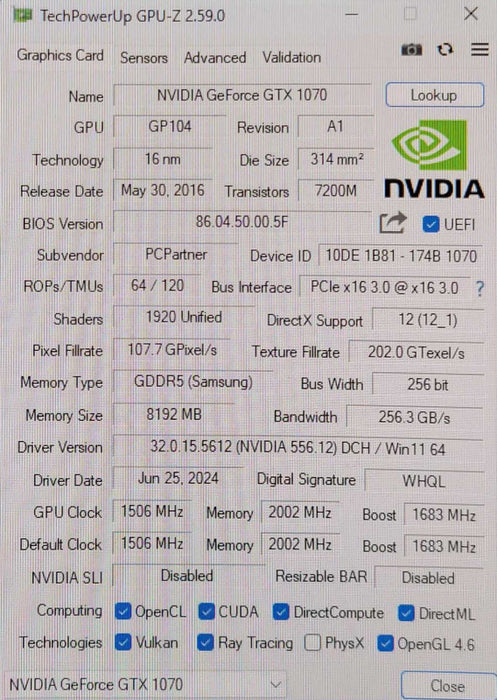 Nvidia GeForce GTX 1070 8GB GDDR5 D-/HDMI/DP 288-1N424-000A8 GPU _