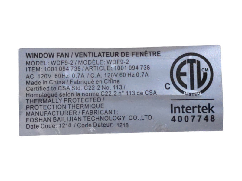 Intertek Window FAN, Model: WDF9-2