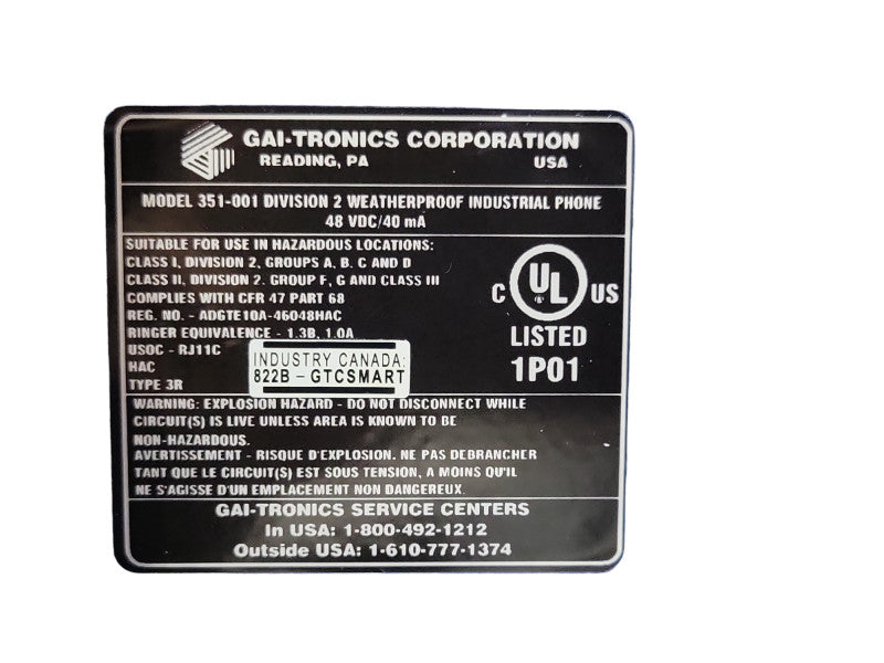 Open-Box GAI-Tronics 351-001 Division 2 weatherproof industrial phone Q_