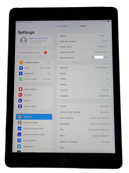 Apple iPad Air 2 A1567 128GB Wi-Fi + Cellular Unlocked, No SIM Restrictions Q_