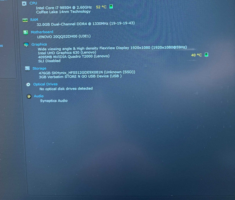 Lenovo ThinkPad P53 i7-9850H QUADRO T2000 4GB GPU 323GB RAM 512GB SSD READ!  Lap200