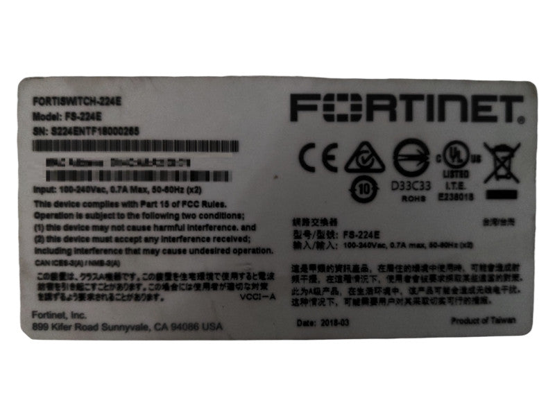 Fortinet FortiSwitch FS-224E 24 Port Managed Ethernet Switch