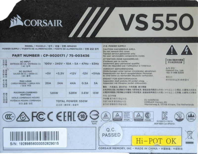 Corsair VS550 550W | CP-9020171/75-003436 | Desktop Power Supply