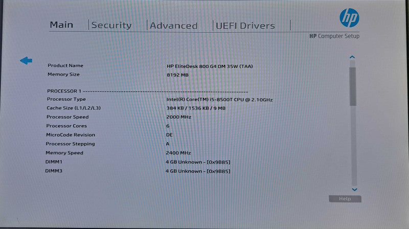 HP EliteDesk 800 G4 USFF | i5-8500T @ 2.10GHz 6C, 8GB DDR4, No HDD/OS