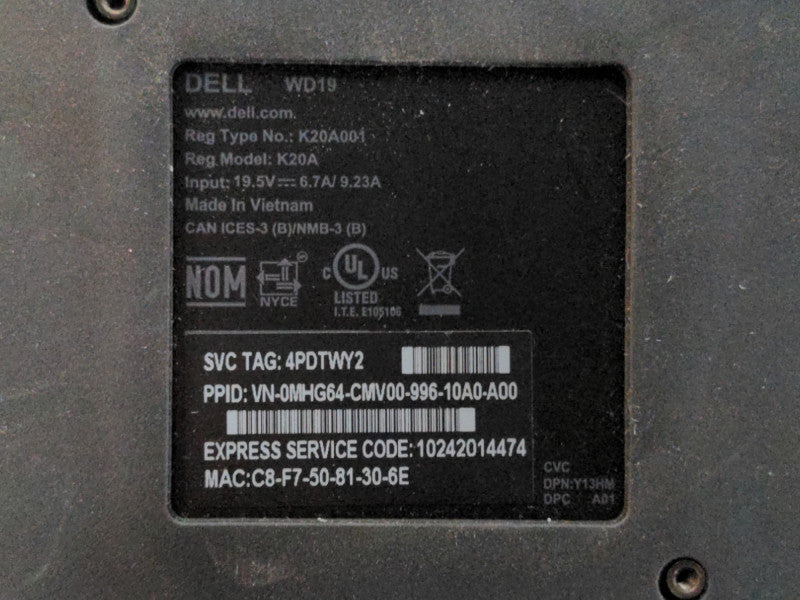 Dell WD19 K20A USB Type-C Docking Station w/ 180W AC Adapter Q