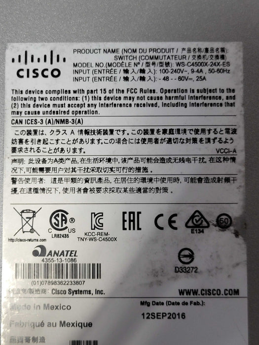 Cisco WS-C4500X-24X-ES 24x 10GB SFP+ switch, DUAL AC, C4KX-NM-8SFP, READ _