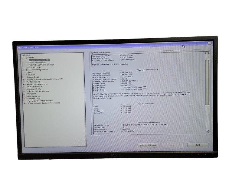 Dell Optiplex 5080 SFF i5-10500 CPU @ 3.10GHz 16GB DDR4 Ram  Î¸