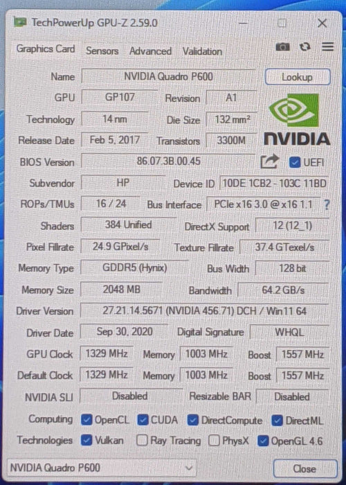 NVIDIA QUADRO P600 2GB PCIE
