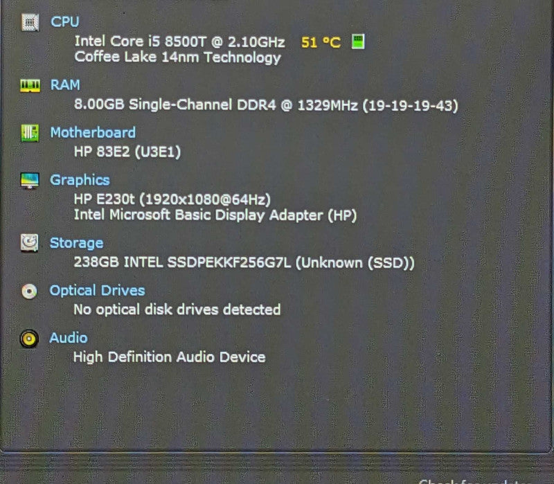 HP EliteDesk 800 G4 DM, i5-8500T 2.10GHz, 8GB RAM, 256GB Nvme, w/ PWR