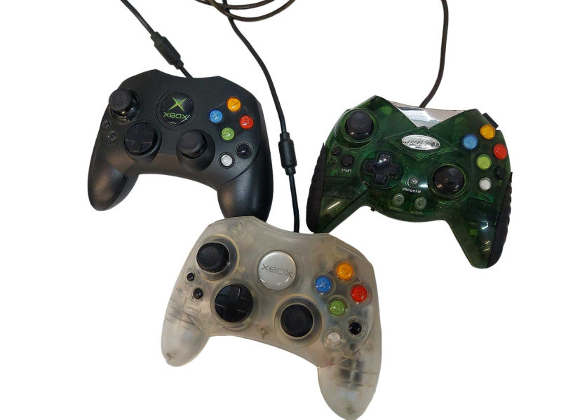 Bundle of 3 Original Xbox Controllers S, 1 Clear , 1 Black , 1 Non OEM Green  =