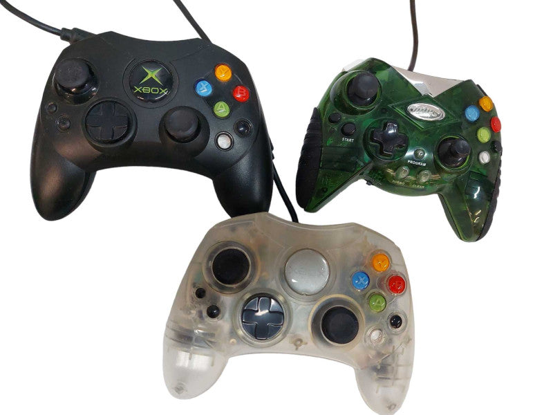 Bundle of 3 Original Xbox Controllers S, 1 Clear , 1 Black , 1 Non OEM Green  =