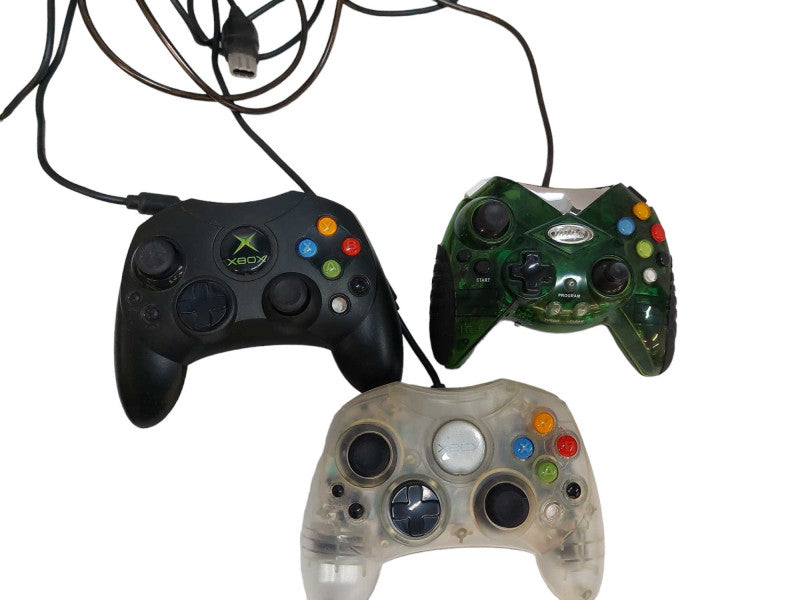 Bundle of 3 Original Xbox Controllers S, 1 Clear , 1 Black , 1 Non OEM Green  =