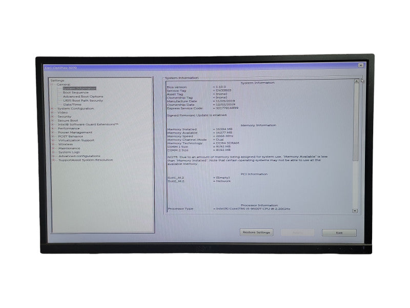 DELL OPTIPLEX 3070 Micro i5 - 9500T CPU @ 2.20GHz 16GB DDR4 Ram QÎ¸