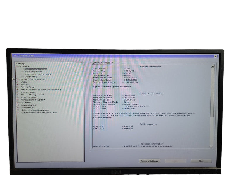 DELL OPTIPLEX 3090 Micro i5 - 10500T CPU @ 2.30GHz 16GB DDR4 Ram Î¸