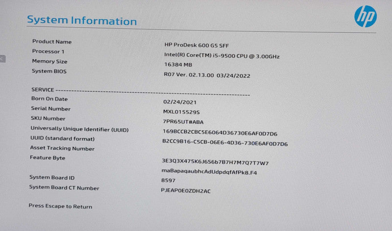 HP Prodesk 600 G5 Sff i5 9500 3Ghz Computer, 250GB SSD,16GB