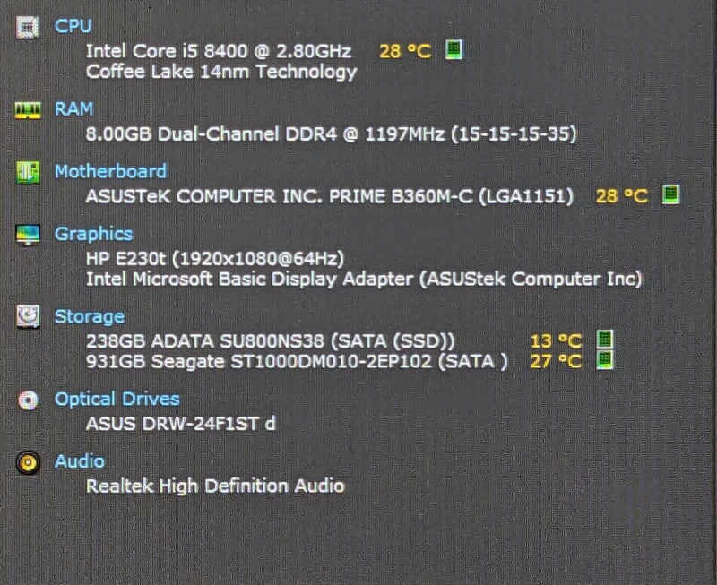 Custom PC, ASUS PRIME B360M-C, i5 8400 2.80GHz, 8GB DDR4, 256GB M.2, 1TB HDD