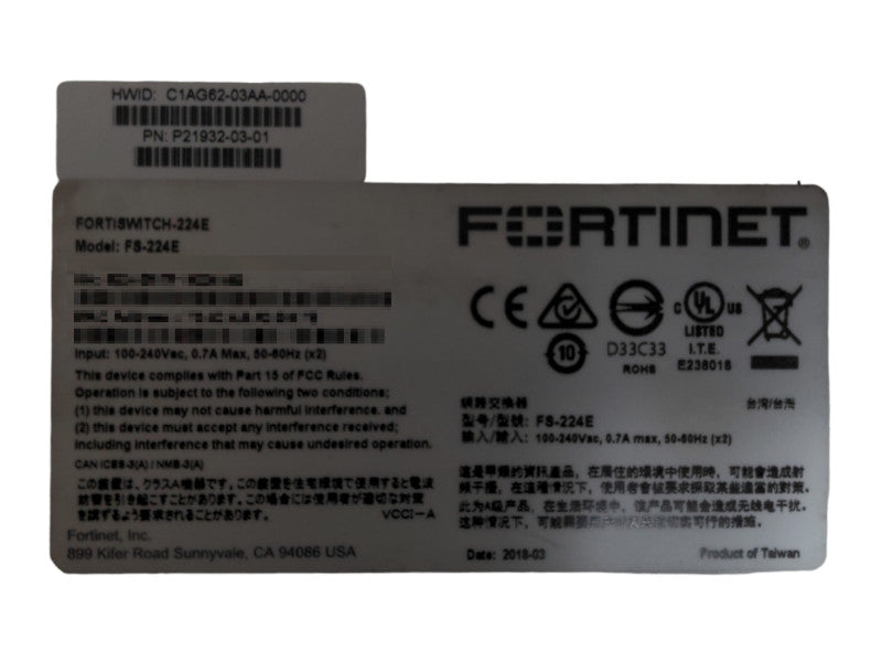 Fortinet FortiSwitch FS-224E 24 Port Managed Ethernet Switch