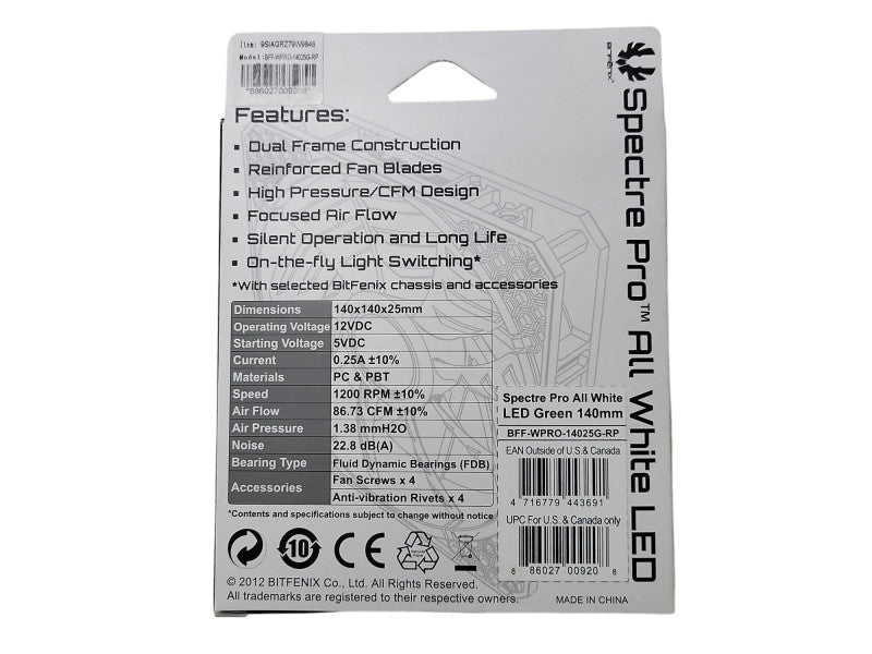 BitFenix Spectre Pro All White (Green LED) 140mm BFF-WPRO-14025G-RP Brand New Q$