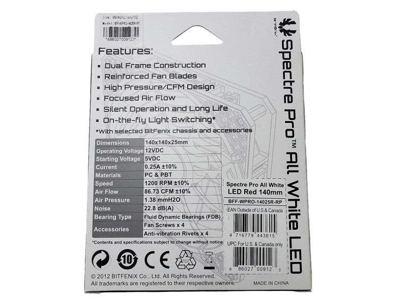 BitFenix Spectre Pro All White (Red LED) 140mm BFF-WPRO-14025R-RP Brand New Q$