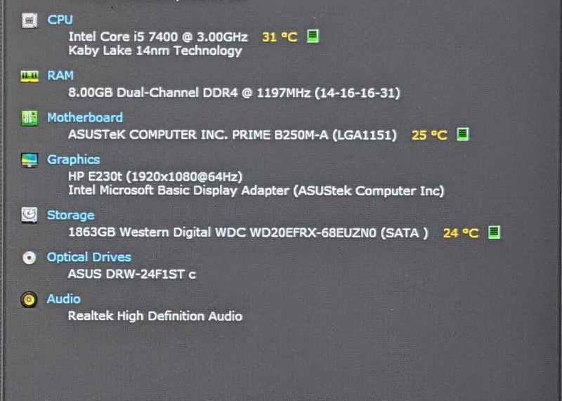 Custom PC, ASUS PRIME B250M-A, i5-7400 3.00GHz, 8GB DDR4, 2TB HDD