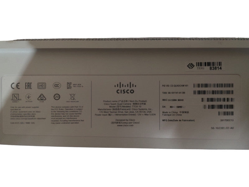 Cisco Webex TTC8-10 Spark Quad Camera Conference Room CS-QUADCAM