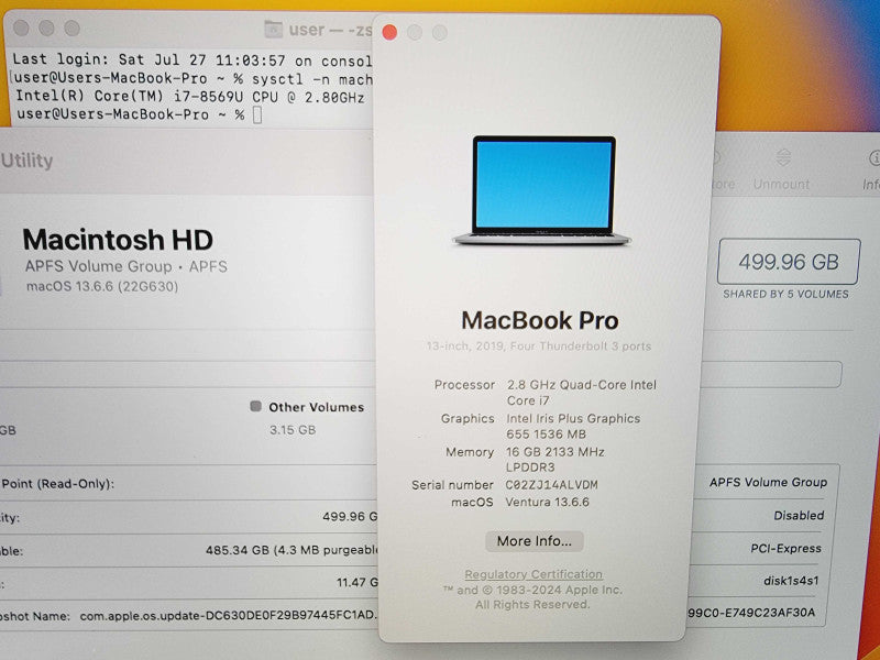 Apple Macbook Pro 2019 4-Core i7-8569U @ 2.8GHz 16GB DDR3 512GB SSD (